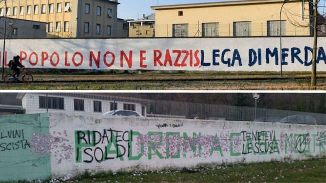 Dopo Pontida nuove scritte contro la Lega sui muri di via Bellerio