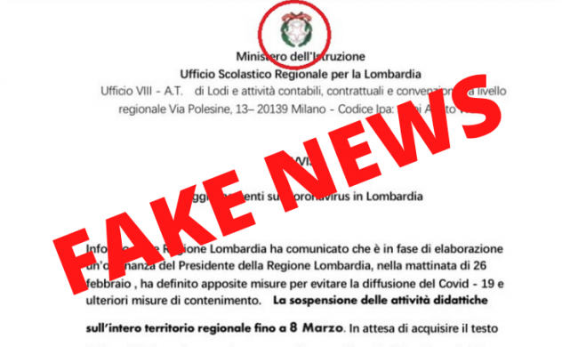 Scuole chiuse anche settimana prossima, ma è una fake news