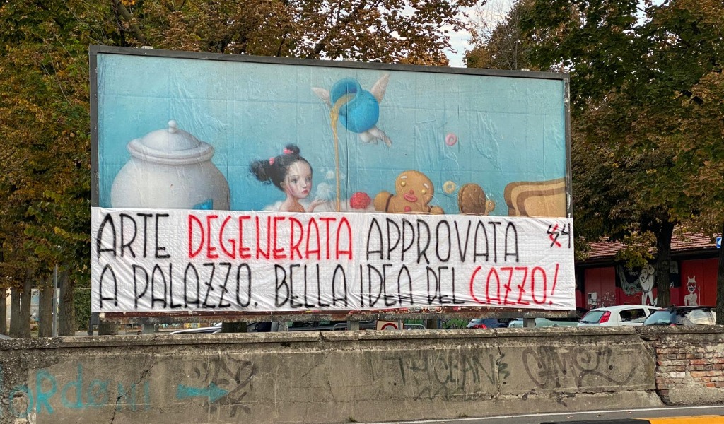 Manifesti Nicoletta Ceccoli: “Arte degenerata approvata a palazzo. Bella idea del ca**o!”