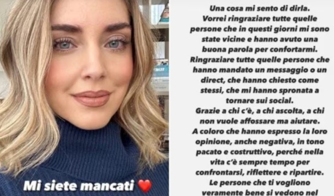 Chiara Ferragni torna sui social: “Mi siete mancati. Grazie a chi mi è stato vicino”